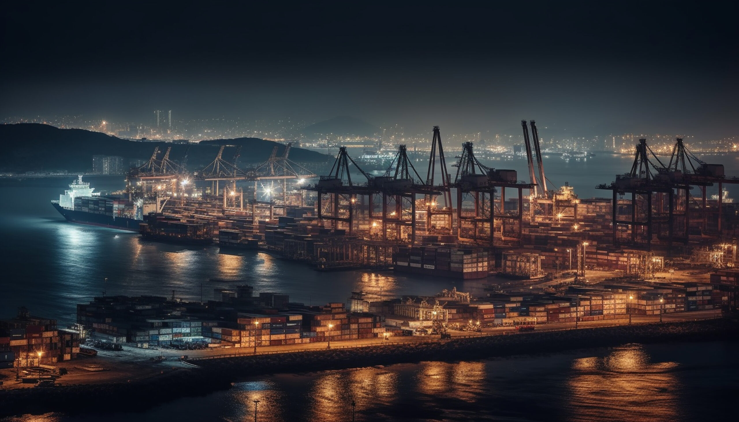 Container ship unloading cargo at commercial dock generated by AI